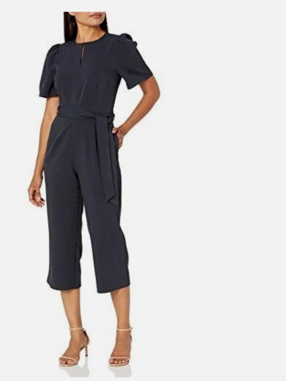 LARK & RO Black Short Puff Sleeve Belted Cropped Leg Essential Staple Jumpsuit